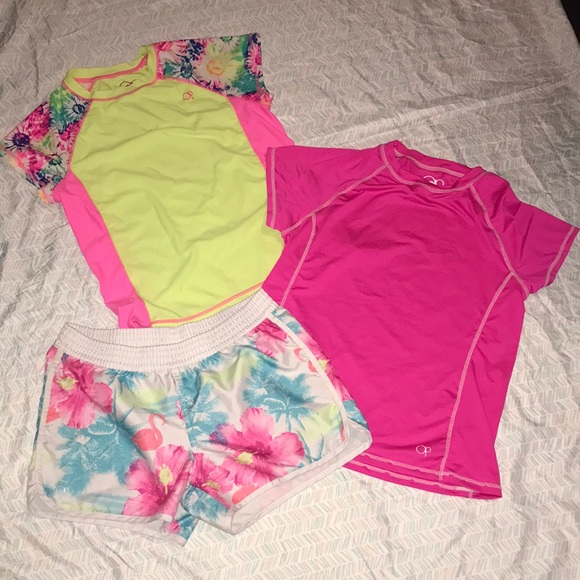 OP Other - OP 3-piece matching set 2 swim shirts and board shorts (pink/yellow/floral)